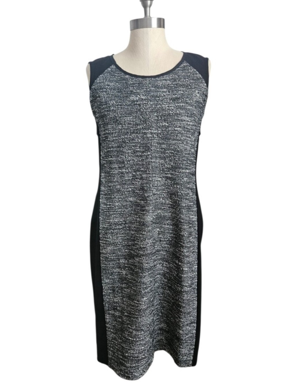 EILEEN FISHER Black Gray Tweed Colorblock Ponte Sleeveless Sheath Dress | SZ S/M